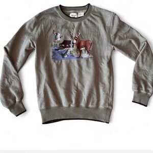 Olive Embroidered Crewneck Deer/Fish/Duck Camping